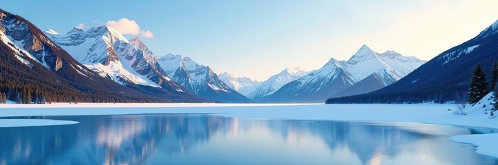 Fototapeta premium Distant peaks in the background with a frozen lake in front, peaks, lake