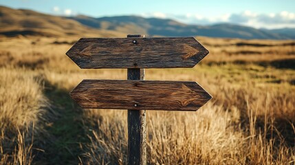 Naklejka premium navigation concept with rustic wooden signpost and three arrows in grassy field representing travel outdoor path rural lifestyle journey adventure choice and guidance symbol