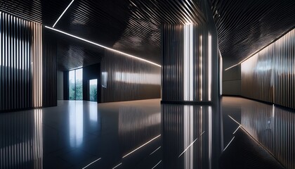 Naklejka premium Large mirrored panels reflecting geometric shadows, with LED strip lighting outlining the forms, minimalist, elegant atmosphere.