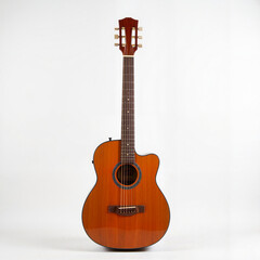 Polished wooden guitar on smooth white background, musical elegance