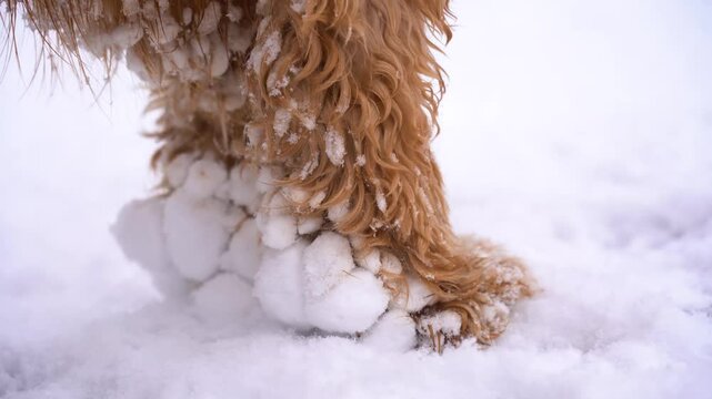 Close-up of Snowballs on dog paws - dog in winter
