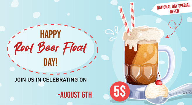 Happy Root Beer Float Day August 6th National Day Special Offer Banner with Cute Root Beer Float Graphic. Horizontal Promotional Banner Art with Doodles