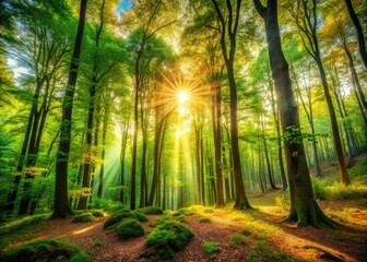 Fototapeta premium A breathtaking wide-angle view of a lush forest, showcasing majestic trees and a stunning panorama.