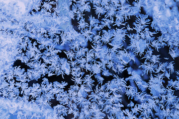 Bright blue frost pattern on window glass as an abstract winter background with copy space