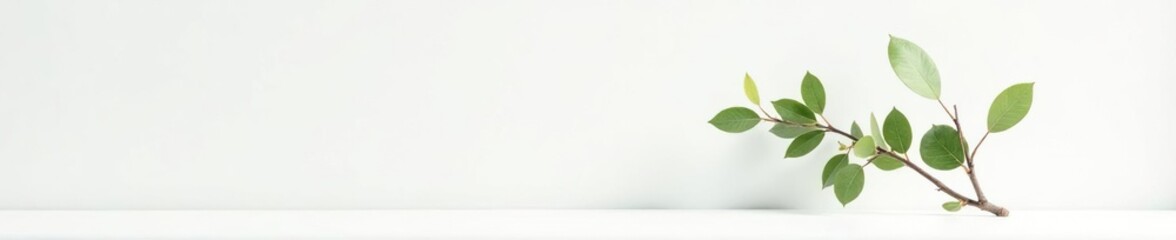 A solitary branch with leaves on a white surface, texture, minimalist