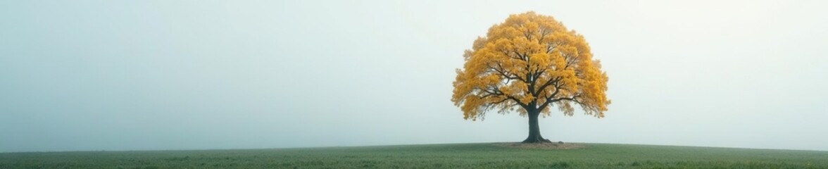 Naklejka premium Foggy sky reflects off the bright yellow leaves of a lone oak tree, nature, solo