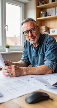 Focused roofing professional reviewing blueprints at a desk, diligence
