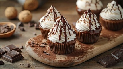 Delicious chocolate cupcakes with whipped cream and chocolate drizzle are presented
