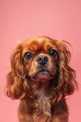 English Toy Spaniel dog on minimalistic colorful background with Copy Space. Perfect for banners, veterinary ads, pet food promotions, and minimalist designs.