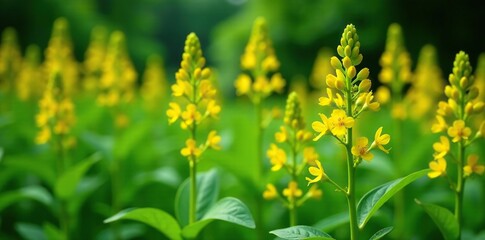 Obraz premium Tall stems of golden yellow flowers amidst leafy greenery, late summer blooms, northeast ohio, native plant