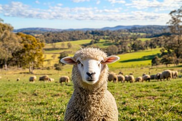 Fototapeta premium Close Up Fluffy Sheep in Sunny Green Pasture Rolling Hills