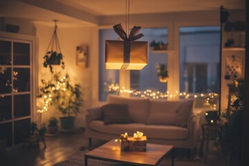 Cozy Living Room with Gift Box Wrapped in Festive Paper