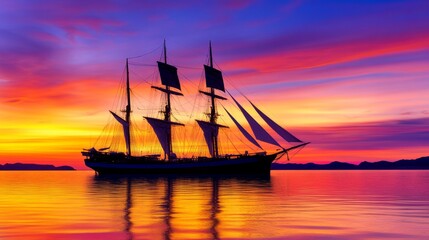 Obraz premium Majestic sailing ship silhouetted against a vibrant sunset over calm waters, serene landscape