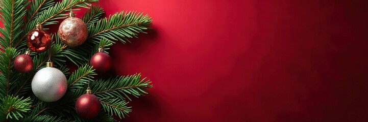 Fototapeta premium Pine branches adorned with silver metallic ornaments against a deep red velvet backdrop, pine branches, festive