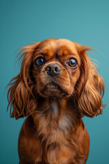 Naklejka premium English Toy Spaniel dog on minimalistic colorful background with Copy Space. Perfect for banners, veterinary ads, pet food promotions, and minimalist designs.