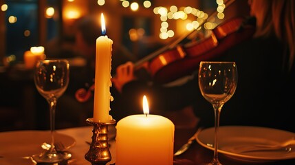 A candlelit dinner setting with a violinist playing in the background.