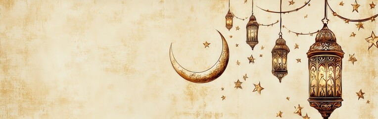 Obraz premium Decorative Ramadan Pattern with Crescent Moons, Lanterns, and Stars for Celebratory Events