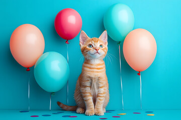 A cat with colorful balloons. Birthday celebration.