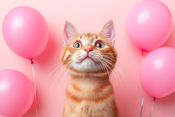 A cat with colorful balloons. Birthday celebration.