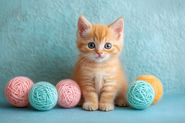 A cat with colorful balloons. Birthday celebration.