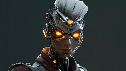 Naklejka premium A futuristic female cyborg with glowing eyes and metallic headwear