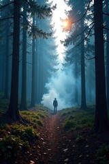 Fototapeta premium Darkening forest floor shrouded in a veil of smoke and ash, pine forest, smoke