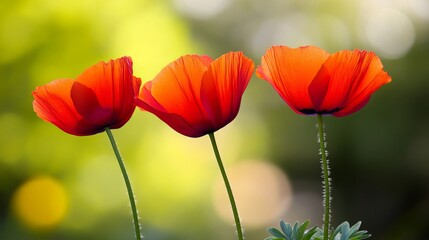 Obraz premium Three vibrant red flowers in full bloom against a soft, blurred green background
