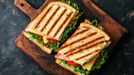A mouthwatering club sandwich panini is generously filled with layers of ham, crisp lettuce, and juicy tomato, perfectly toasted to golden perfection and presented on a rustic wooden board