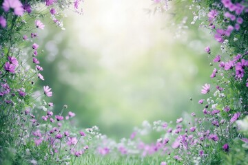 Obraz na płótnie Canvas Serene Nature Scene with Purple Flowers and Soft Green Background