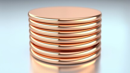 Obraz premium A stack of shiny, copper-colored coins arranged neatly, reflecting light with a smooth, polished surface.