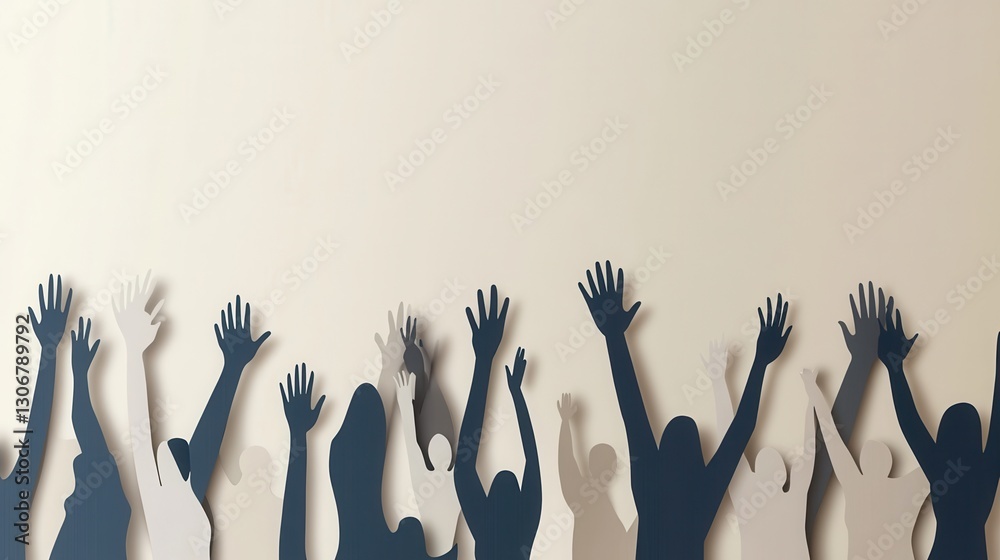 Leinwandbilder silhouettes of people raising their hands together create a sense of unity in a minimalistic flat de