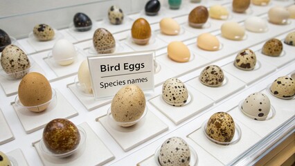 Close-up of a vintage collection of North American wild game bird eggs, showcasing the variety and patterns from 1892. Ideal for texture backgrounds and detail-oriented studies