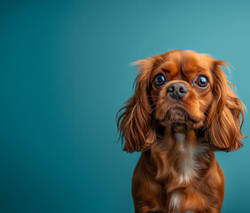 Naklejka premium English Toy Spaniel dog on minimalistic colorful background with Copy Space. Perfect for banners, veterinary ads, pet food promotions, and minimalist designs.