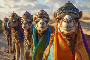 Fototapeta premium Four Camels in Jeweled Headdresses and Colorful Textiles in a Desert Setting
