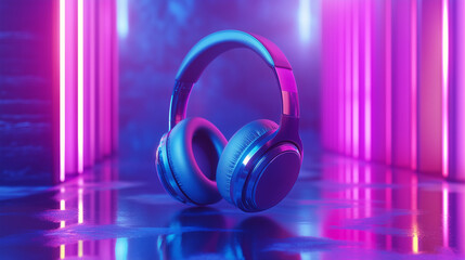 Luxury headphone mockup with a floating, semi-transparent design in a neon-lit scene-1