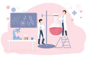 Science and technology concept. scientists working at laboratorium. symbolizing teamwork in research. vector illustration.