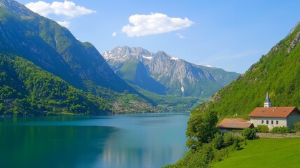 Fototapeta premium Serene lakeside view with mountains, lush greenery, and a quaint house under a clear blue sky