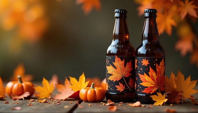 Decorated bottles with orange and black color scheme, beverage container, autumnal