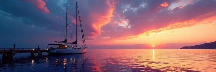 Obraz premium Pier with sailing yacht moored and sail raised, sky, sailing yacht, twilight