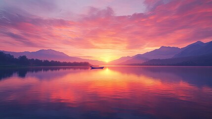 Naklejka premium A calm lake at sunset, with vibrant orange and pink hues reflected in the water. The lake reflects the stunning colors of the sunset, with shades of orange, pink, and purple painting the sky and water