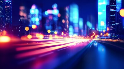 Obraz premium Vibrant cityscape at night showcasing blurred lights and skyscrapers with dynamic motion