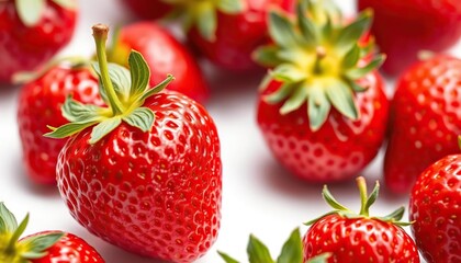 Single ripe strawberry, vibrant red, juicy, isolated on white, botanical, dessert