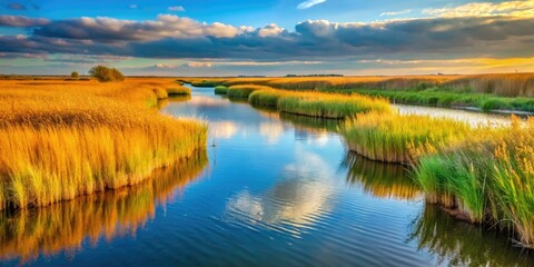 Fototapeta premium Breathtaking High-DOF shot of the River La Taillee, Brittany Marsh, Vendee, France.