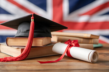 Graduation cap and diploma with british flag background
