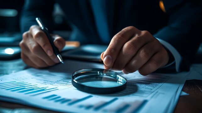 audit concept businessman examining corporate financial statements magnifying glass accounting compliance data review investment accuracy and profit analysis high quality photo