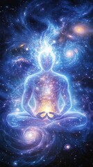Design a digital artwork featuring a translucent being in profound meditation, enveloped by swirling galaxies, emitting a gentle cosmic glow