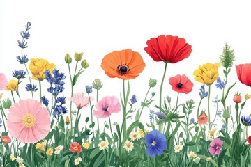 Naklejka premium Vibrant Meadow Bloom with Colorful Wildflowers on White Background