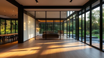 Obraz premium Modern minimalist interior design,large space and high ceiling,livingroom space with tea room and glass doors on the left side, black metal frame and white panels, wooden floor, dark lighting