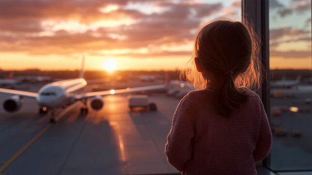 Girl watching airplane at airport window at sunset. Travel concept. Lifestyle.