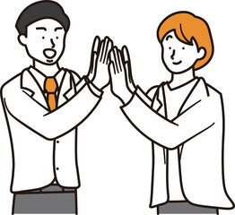 ハイタッチする女性と男性のビジネスパーソンのシンプルな上半身のイラスト素材